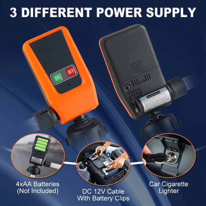 Compact 12V portable fuel pump with auto-stop and leak protection, ideal for multi-tank fluid transfer and dispensing.