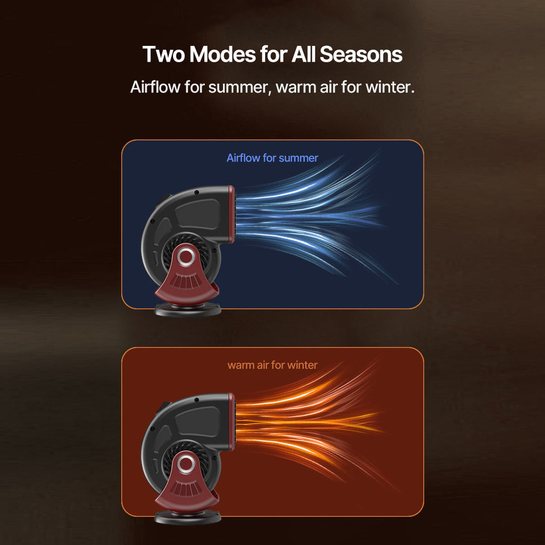 Front view of 12V car defroster with adjustable stand, an essential winter driving accessory