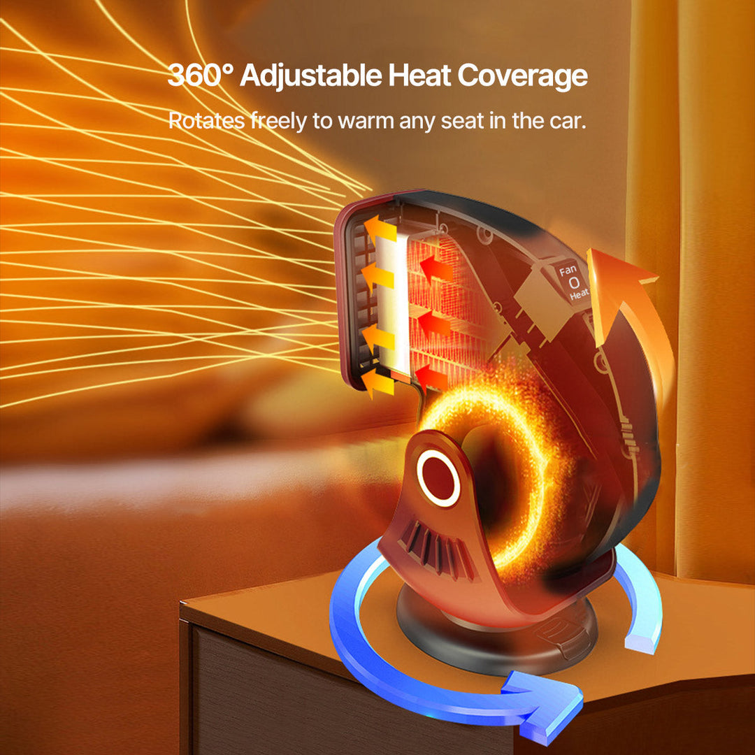 Side profile of a portable 12V car heater, perfect for demisting windshields and providing warmth