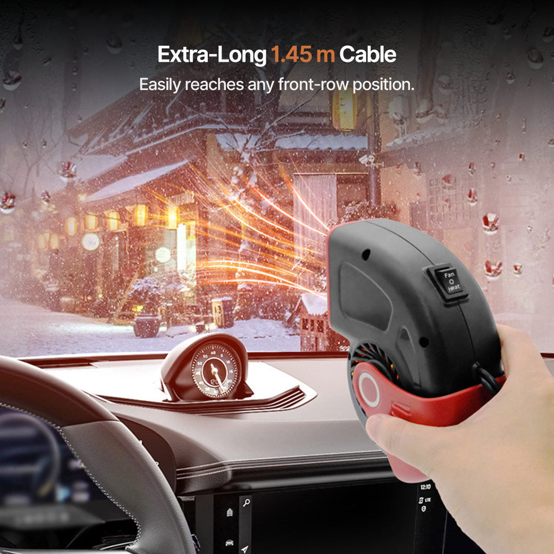 12V car heater connected to a vehicle's cigarette lighter, illustrating easy installation