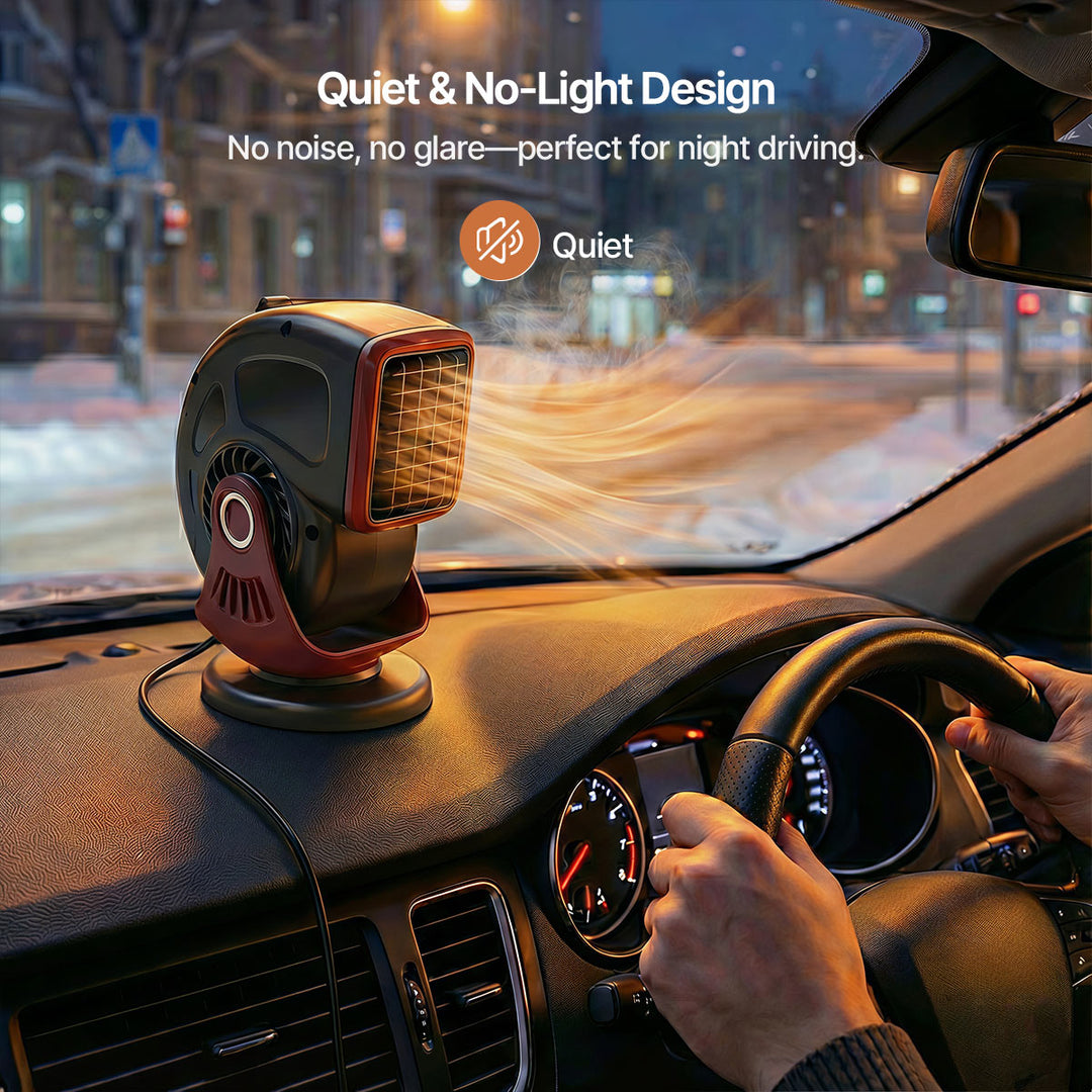 Car interior with the 12V portable heater mounted on the dashboard, providing autocomfort