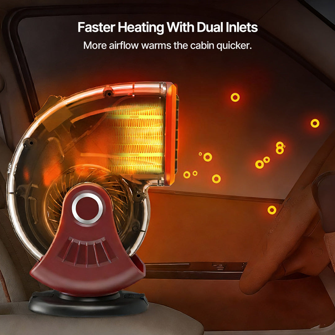 Packaging for a 12V car heater and defroster, highlighting 'Rapid Heat' and 'Dual Mode' features