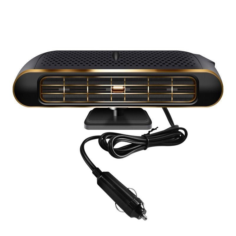 Hand holding 12V portable car heater, highlighting its compact size and easy mobility
