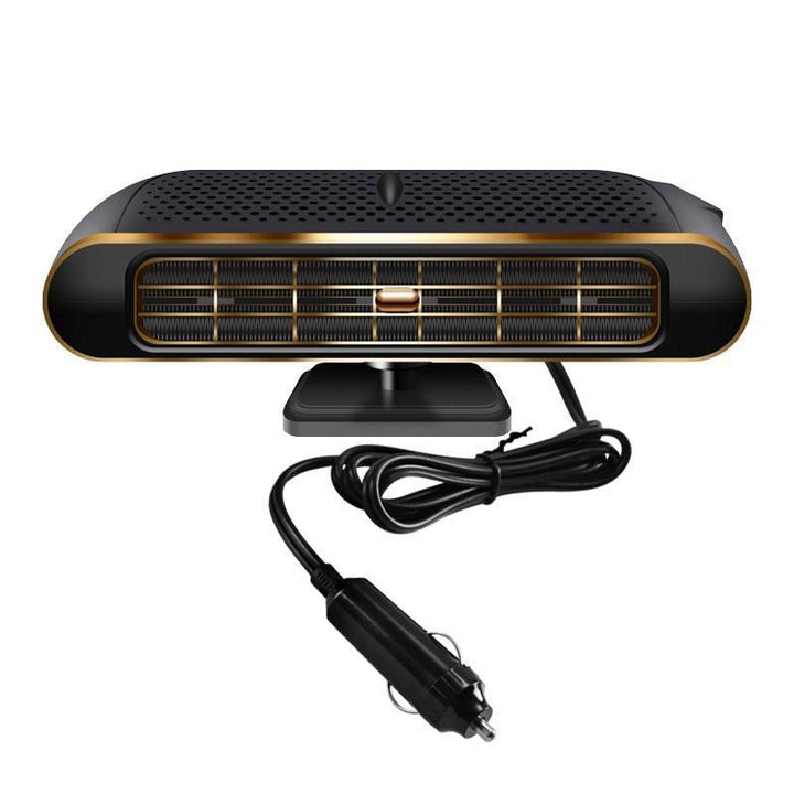 Hand holding 12V portable car heater, highlighting its compact size and easy mobility