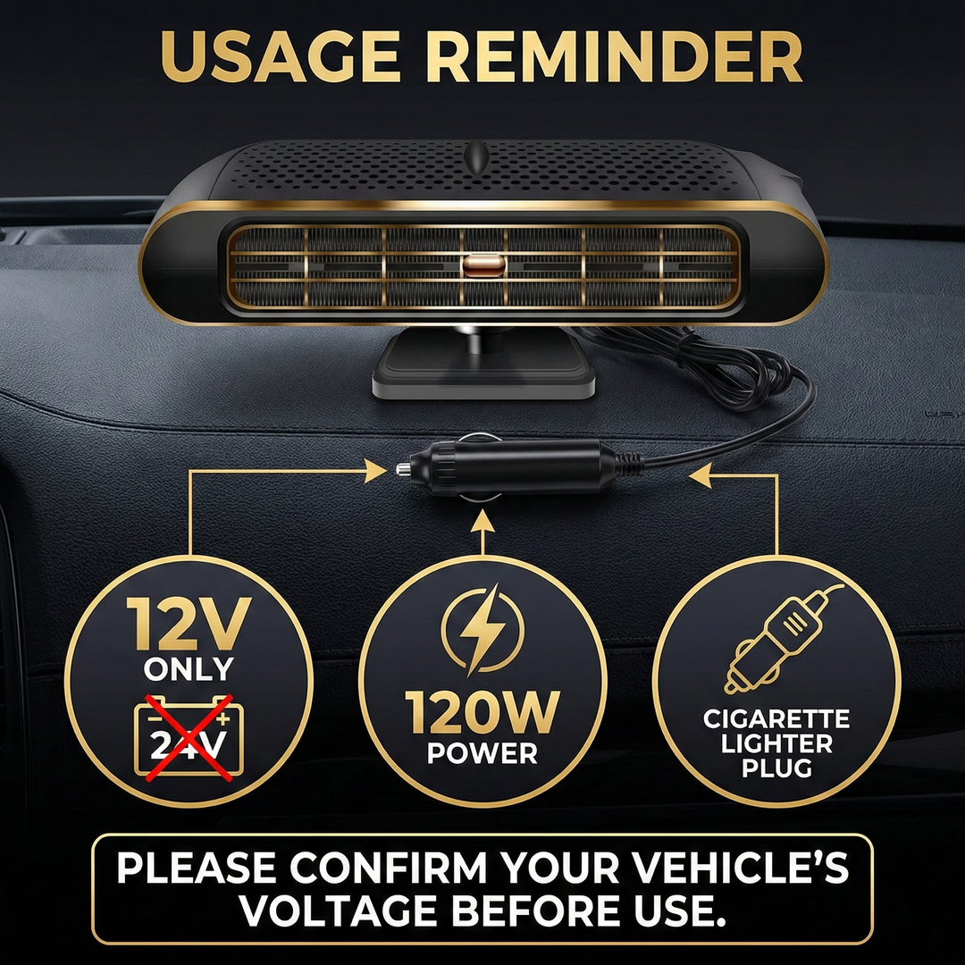 Top-down view of 12V car heater, showcasing controls for instant defrost and auto warmth