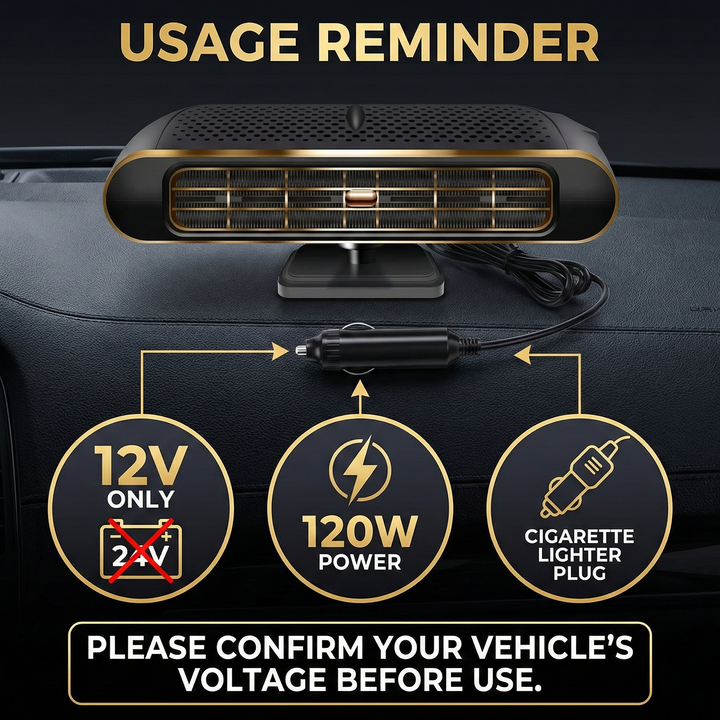 Top-down view of 12V car heater, showcasing controls for instant defrost and auto warmth