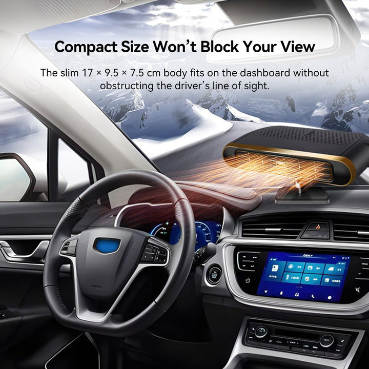 Driver's perspective of 12V auto warmer on dashboard, enhancing vehicle climate in cold weather