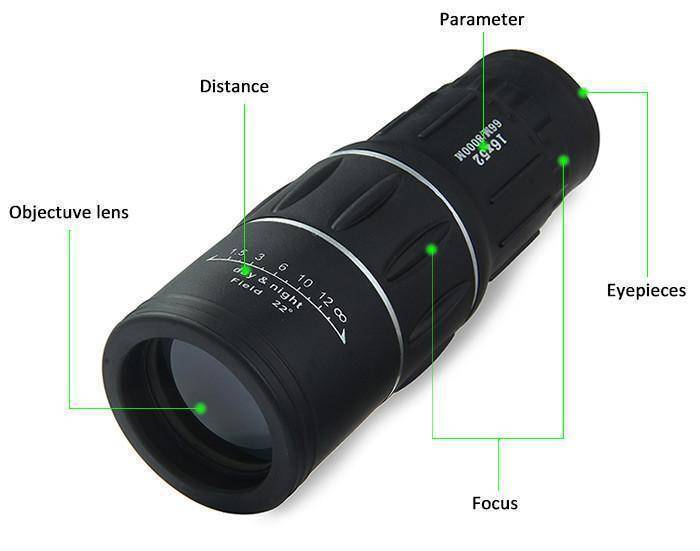 Outdoor gear: 16x52 dual focus monocular scope for hiking, bird watching, and wildlife viewing.