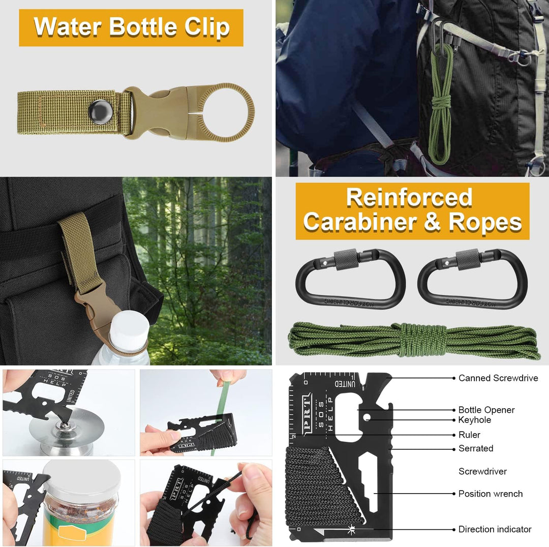 Contents of a 19-in-1 emergency gear survival kit, including multi-tool and essentials