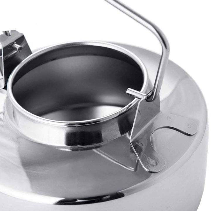 Sleek stainless steel camping kettle, a must-have for camp cooking and outdoor tea breaks.