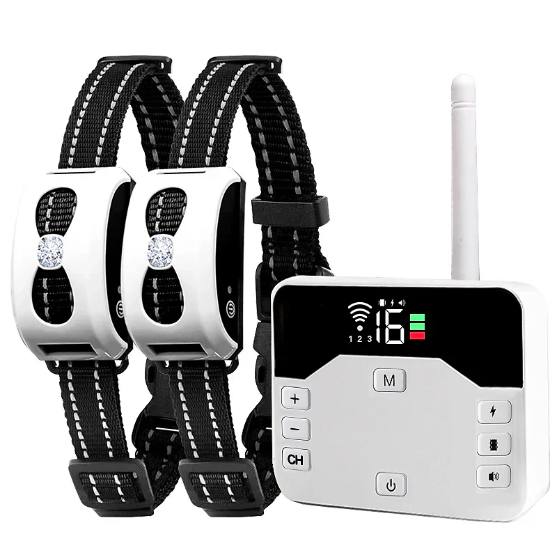 Wireless dog boundary system & training collar with remote control for safe outdoor pet containment.