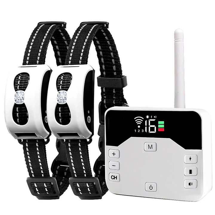 Wireless dog boundary system & training collar with remote control for safe outdoor pet containment.