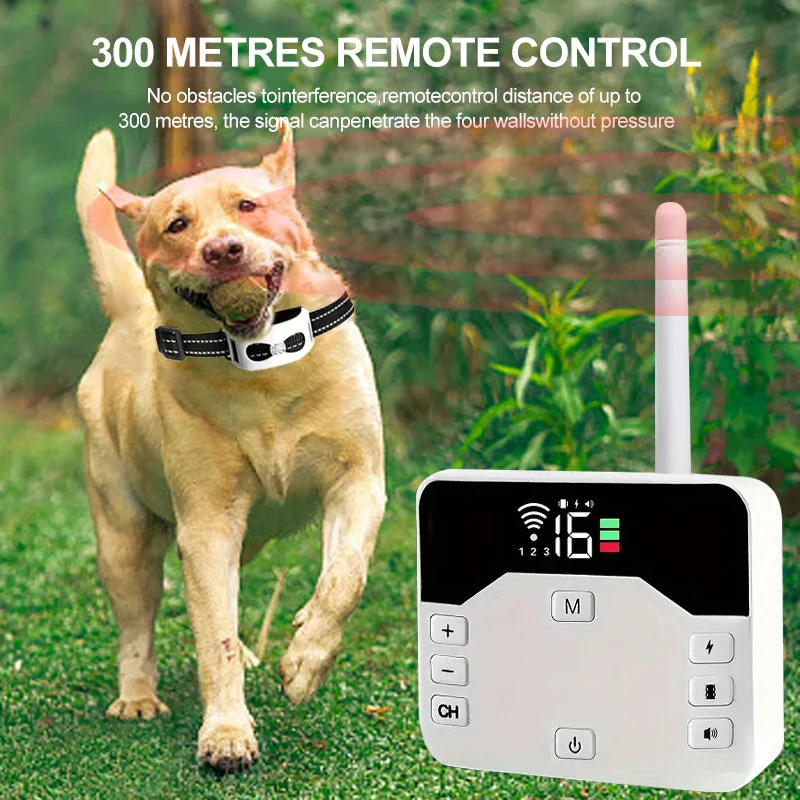 Dog training collar with remote control & wireless fence function, ideal for outdoor pet boundary management.