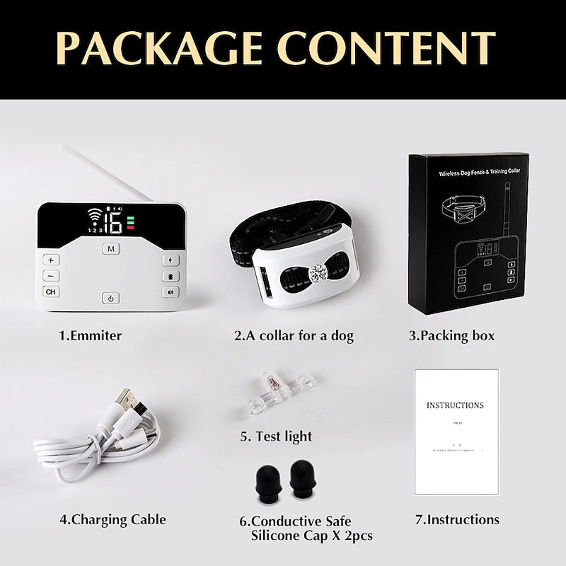 Outdoor wireless dog fence & training collar kit, ensuring pet safety with remote control and secure boundaries.