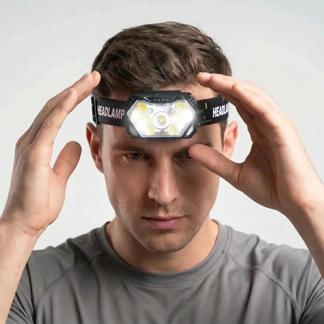 Bright 9-LED headlamp 2-pack, USB rechargeable with motion sensor. Perfect for camping, hiking, fishing & emergencies.
