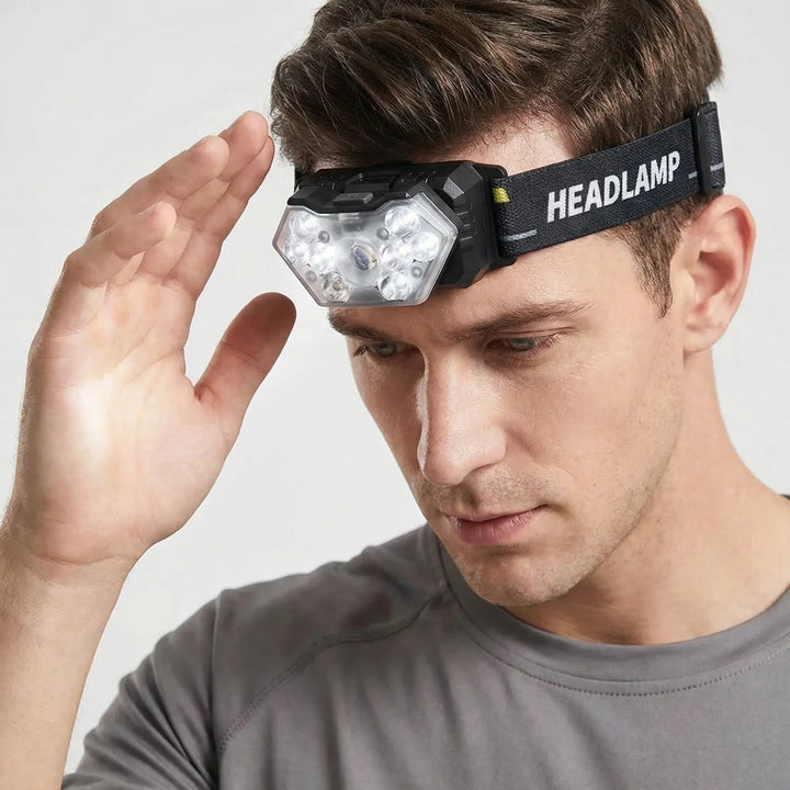 Unisex 2-pack LED headlamps, USB rechargeable, features motion sensor for outdoor adventures, fishing, & dark work.