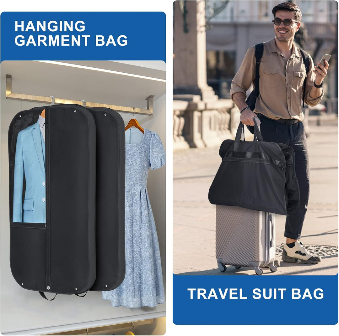 Unisex garment bag with shoe & accessory pockets. Waterproof suit cover provides organized travel & wardrobe storage.