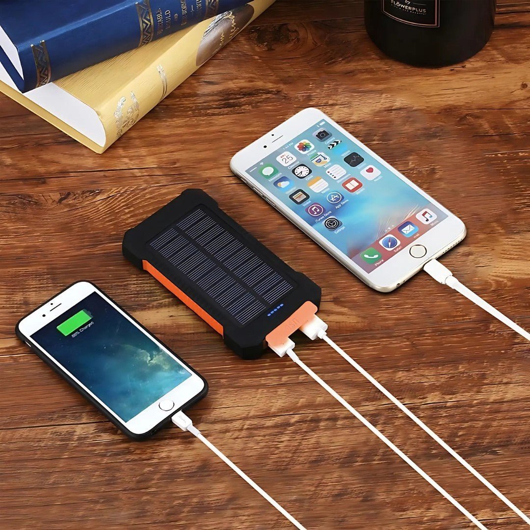 20,000mAh solar power bank with dual USB, LED light, ideal for outdoor camping & hiking
