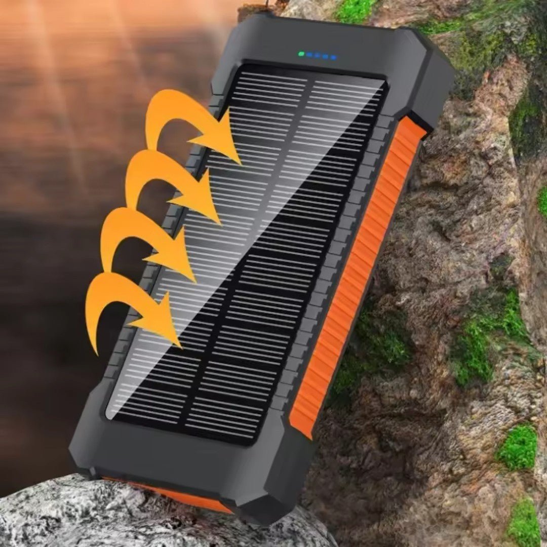 Durable 20,000mAh portable solar power bank with dual USB charging and powerful LED light