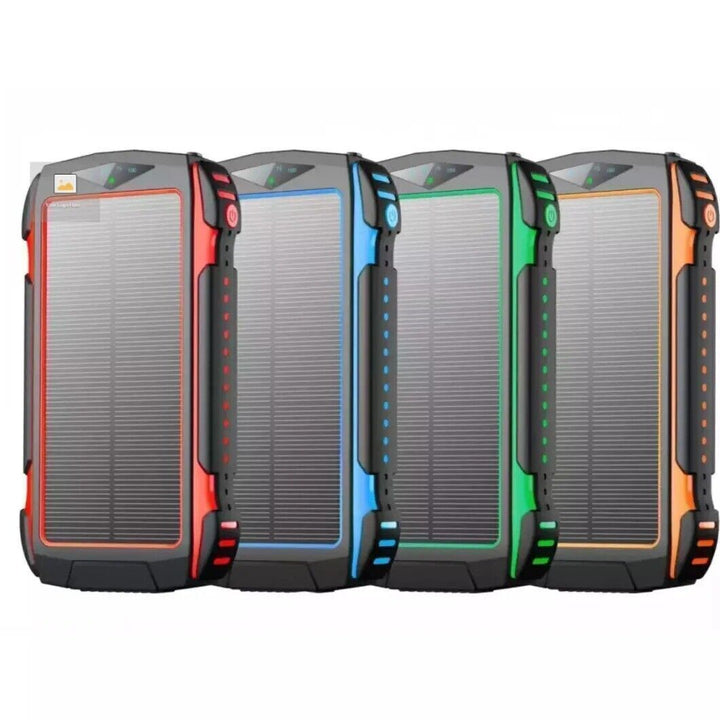 20000mAh solar power bank with 10W wireless charging, rugged design for outdoor camping and hiking.