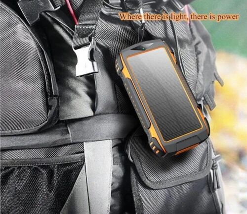 Portable 20000mAh solar power bank featuring wireless Qi charging and a bright LED flashlight for emergencies.