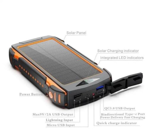 Emergency power solution: 20000mAh solar power bank, wireless charger, and LED flashlight for hiking.