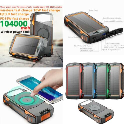 Durable 20000mAh solar power bank for camping, with 10W wireless charging and LED emergency light.