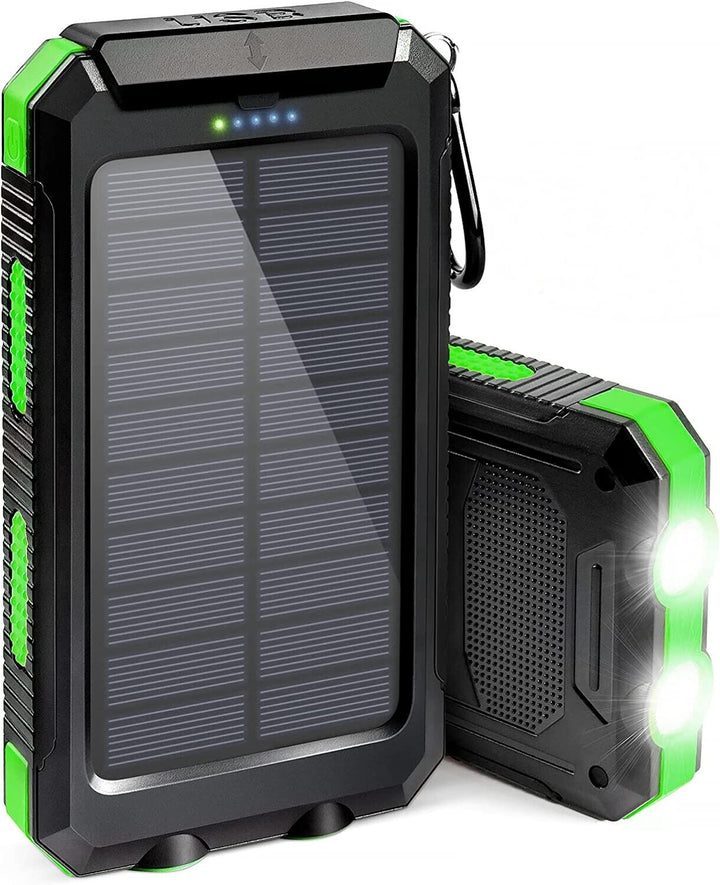 20000mAh solar power bank with dual flashlight for camping and emergency power, black rugged design