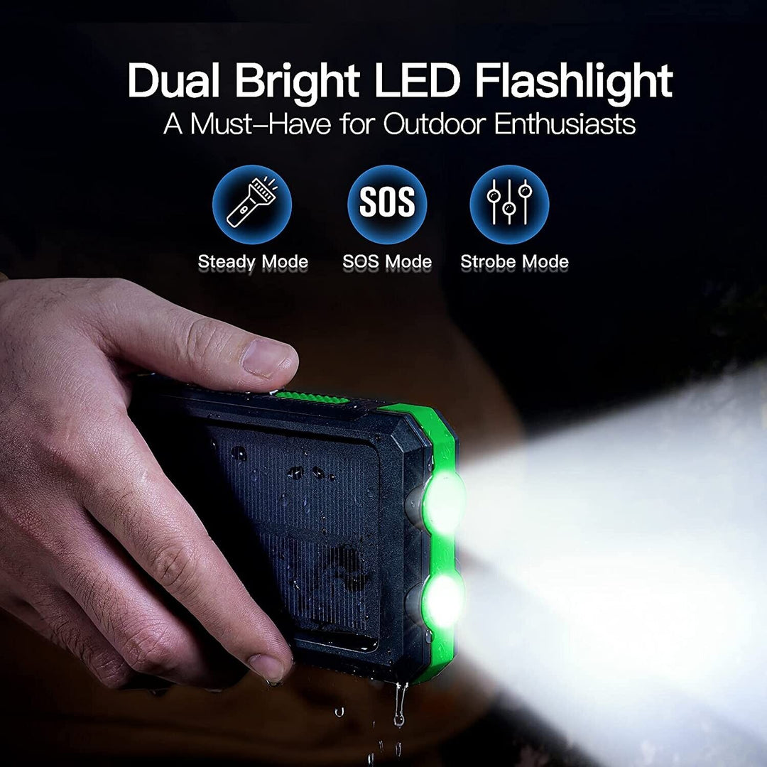 Black 20000mAh solar power bank with dual flashlights, a durable portable charger for emergencies