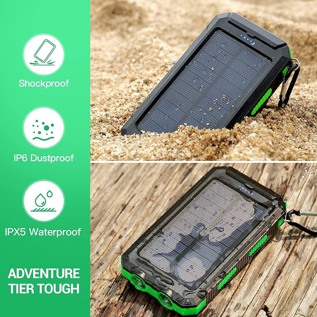 Solar-powered 20000mAh portable charger with integrated dual flashlights, great for outdoor use