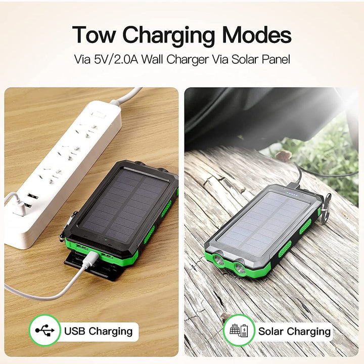High-capacity 20000mAh solar power bank with dual flashlights, perfect for hikers and campers