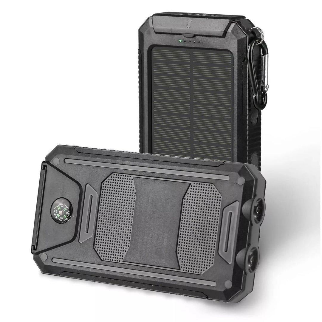 Compact 20000mAh solar power bank with strong dual flashlights, a must-have for adventurers