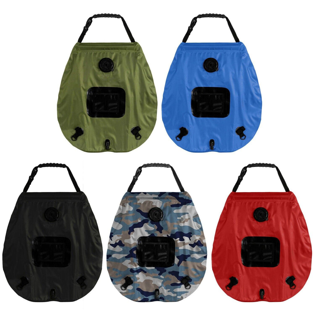 20L portable solar heated camping shower bag with black finish and clear hose