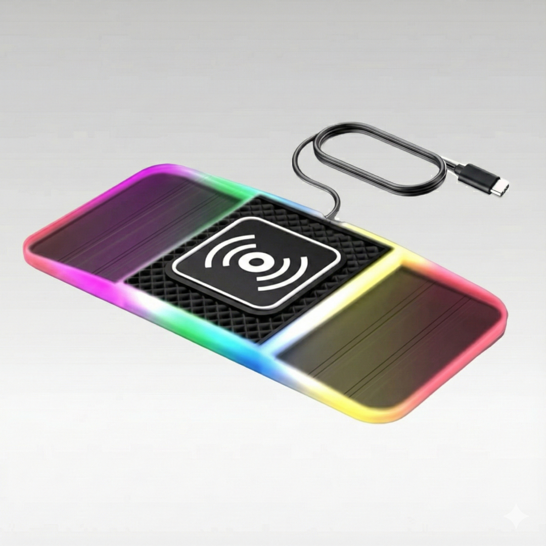 20W Dual-Slot Wireless Car Charger with orange ambient light, fits two phones, fast charging