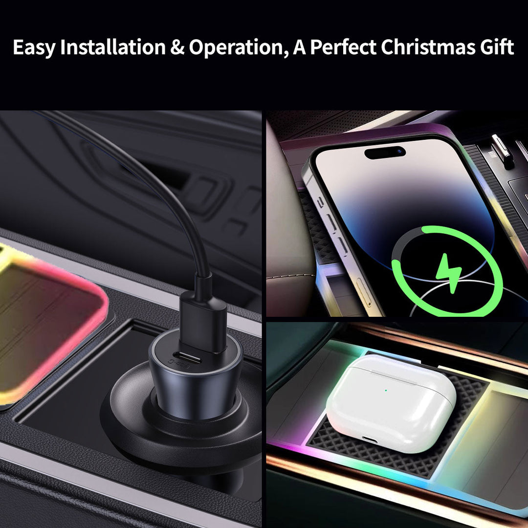 Powerful 20W wireless car charger with dual slots, featuring dynamic multicolor ambient light options