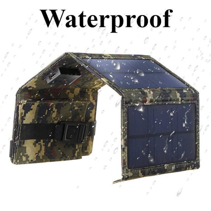 Folding 20W USB solar charger, green camo, perfect for emergency solar power during outdoor adventures
