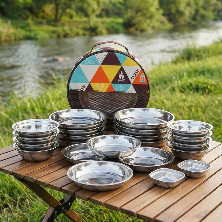 22-piece portable outdoor tableware set for family camping & picnics, featuring reusable metal plates & dishes.