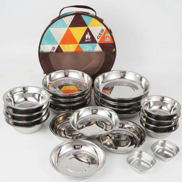Family camping tableware set in a portable case, perfect for outdoor dining, picnics, & travel meals. 22-piece.