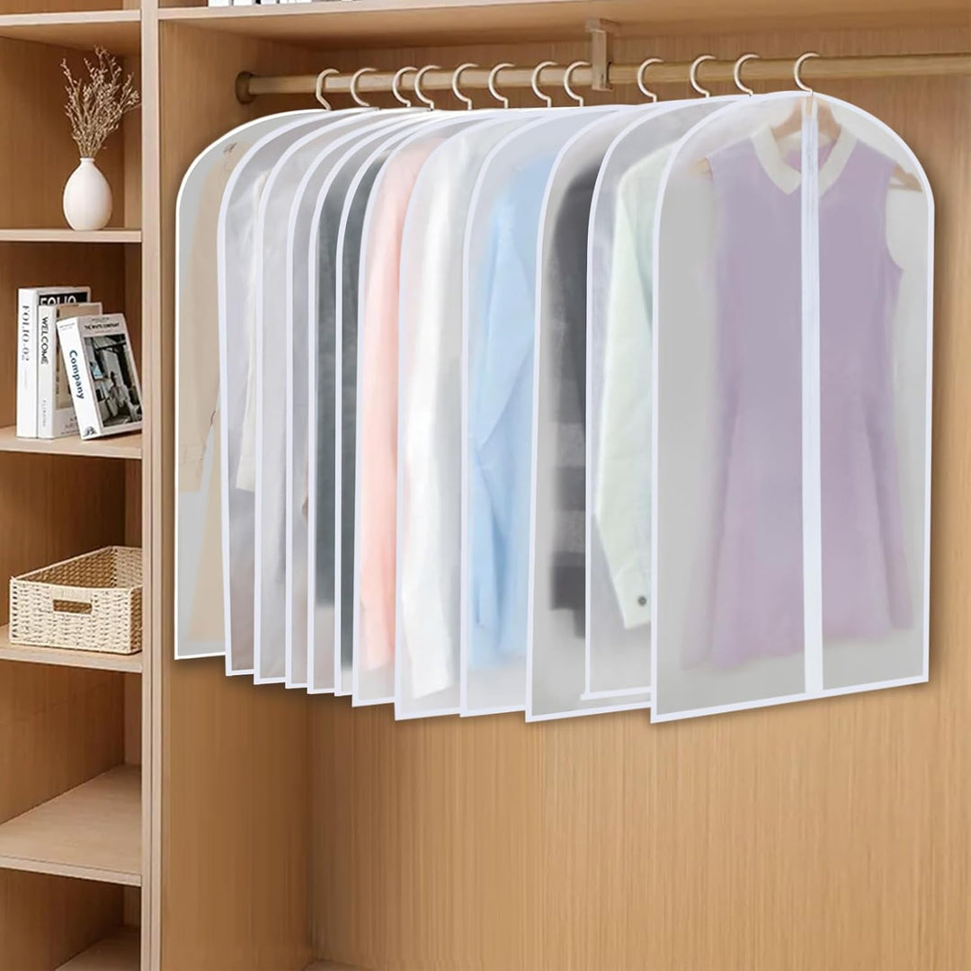 Unisex 24-pack PEVA garment bags for coats, jackets, shirts & dresses, ensuring closet protection.
