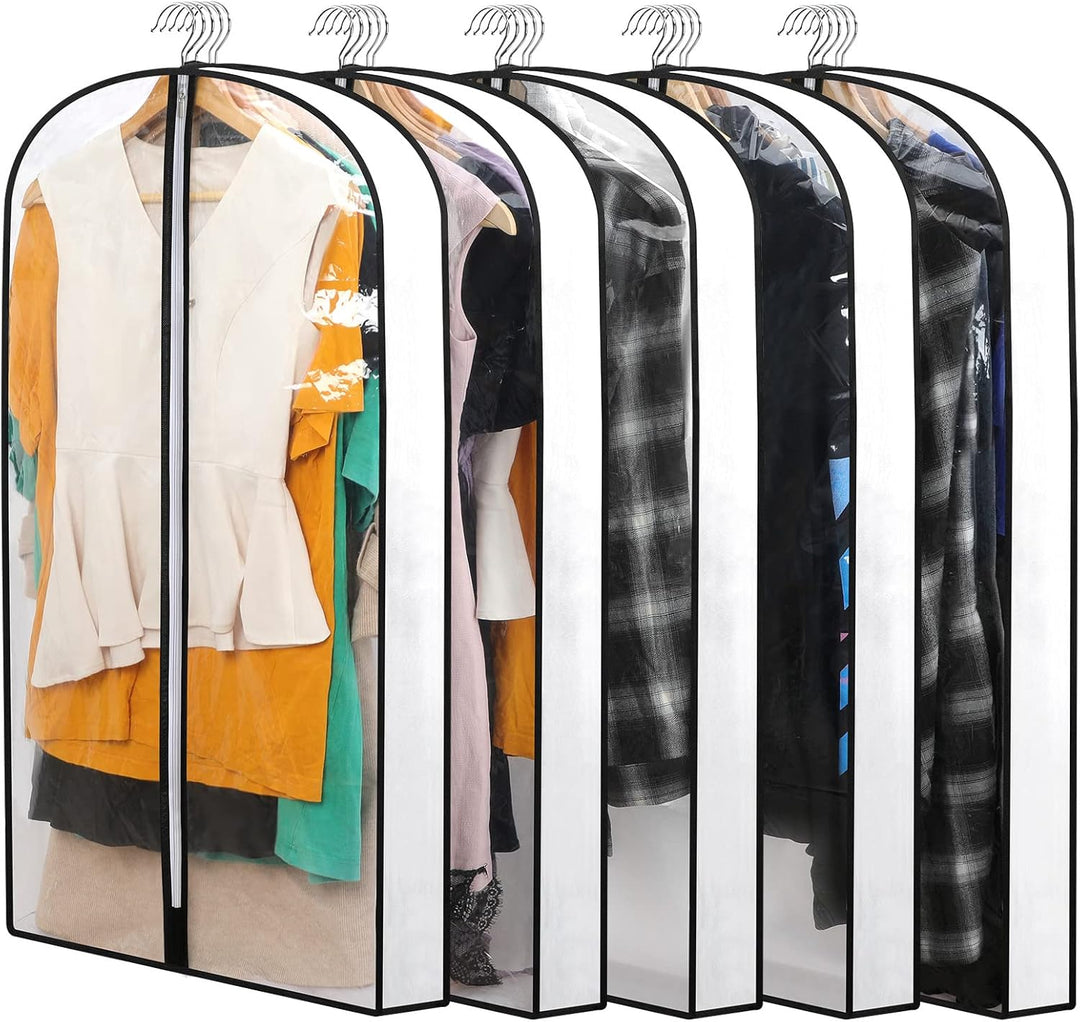 Bulk 24-pack unisex PEVA garment bags, perfect for protecting suits, dresses & apparel in closets.