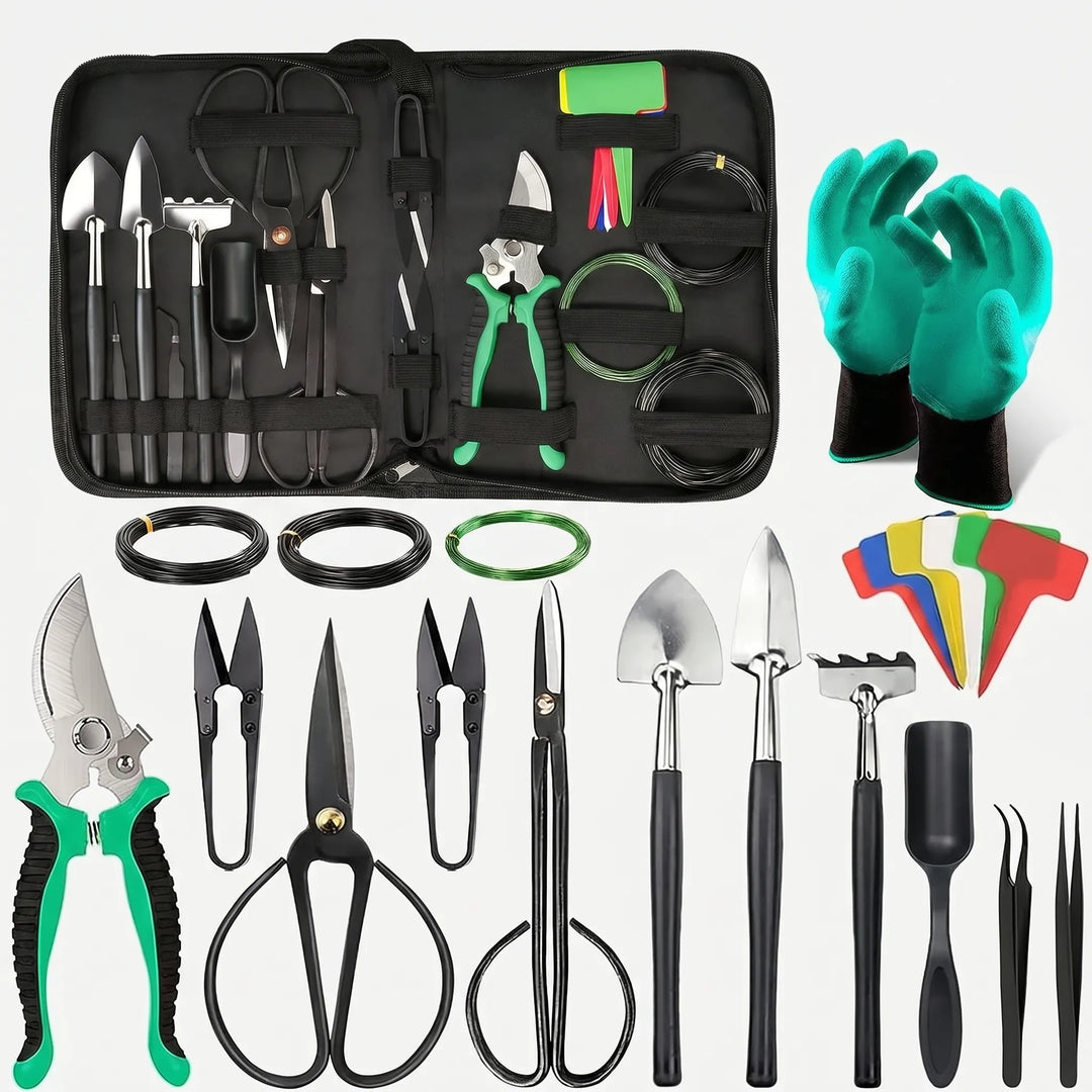 Complete bonsai gardening tool kit with 24 essential high-carbon steel tools for precise trimming & plant shaping.