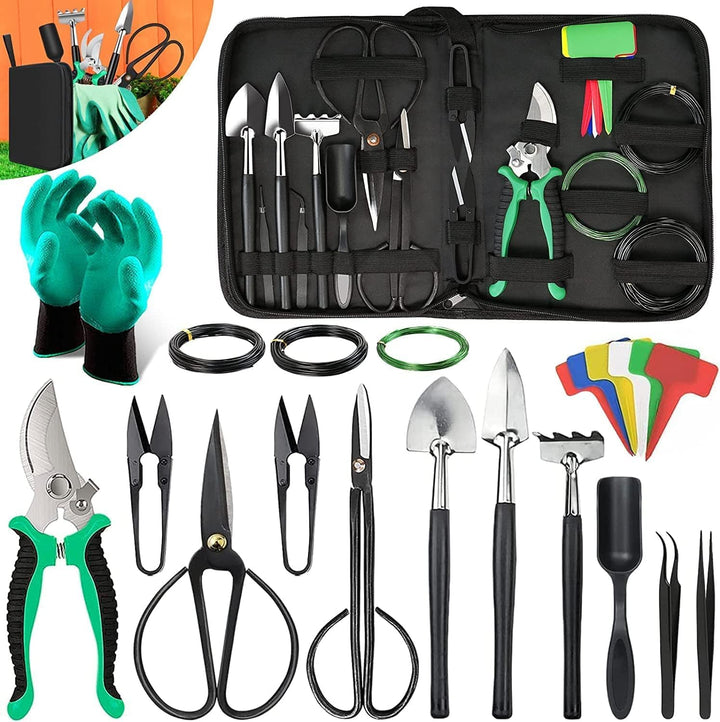 24-Piece Sevora bonsai tree care kit with high-carbon steel tools, pruning shears, and a PU leather bag.