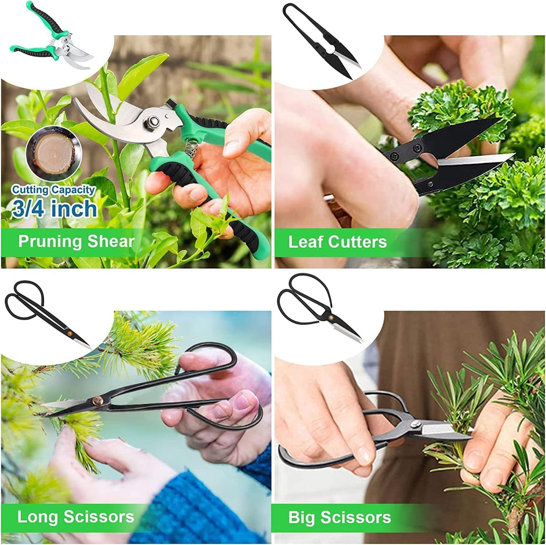 Complete 24-piece bonsai gardening tool set, including high-carbon steel shears, wire, and soil scoop in leather case.