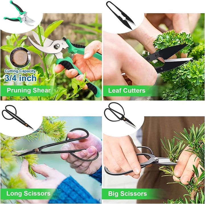 Complete 24-piece bonsai gardening tool set, including high-carbon steel shears, wire, and soil scoop in leather case.