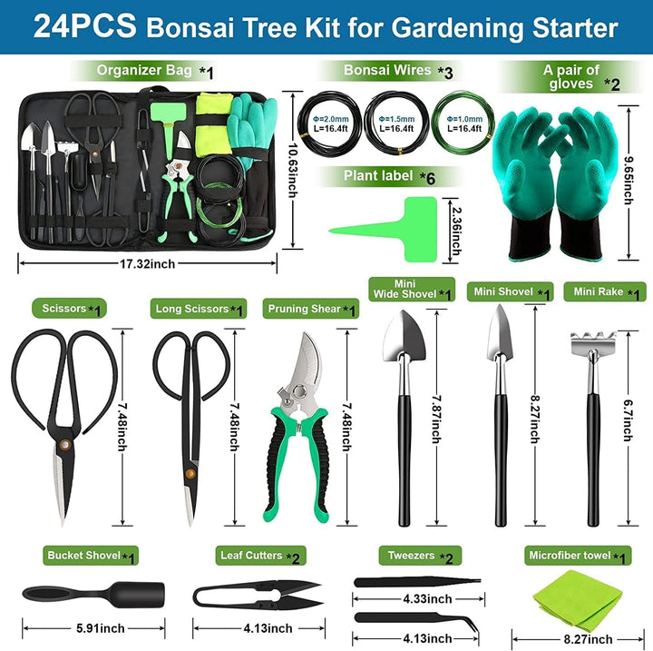 Professional 24-piece high-carbon steel bonsai tool kit for plant pruning, shaping, and complete horticultural care.