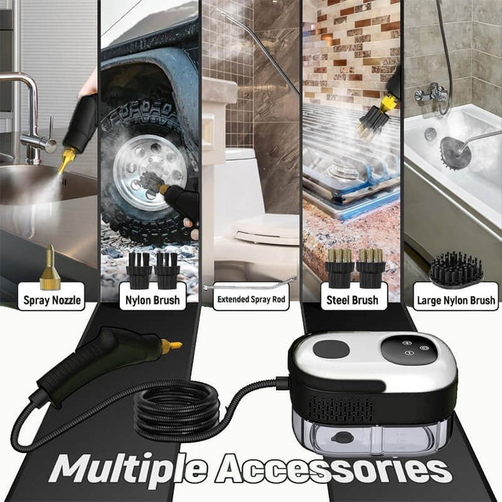 Powerful 2500W high pressure steam cleaner for sanitizing and deep cleaning multiple surfaces effectively.