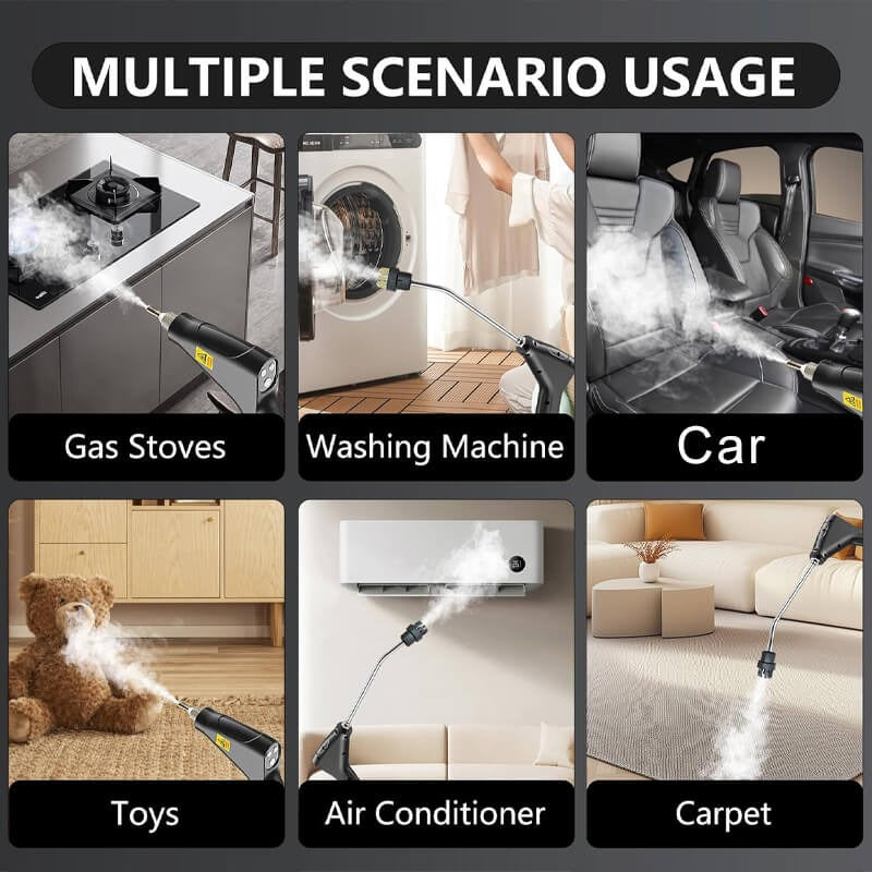Heavy-duty 2500W high pressure steam cleaner for effective car detailing and interior sanitizing.