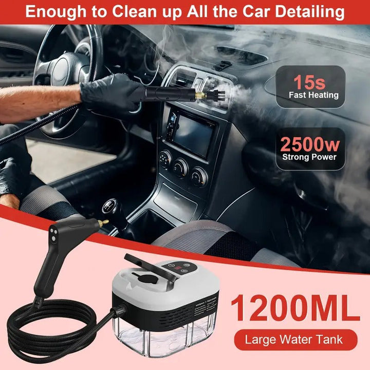 Versatile 2500W high pressure steam cleaner for deep cleaning cars, grout, & household surfaces.