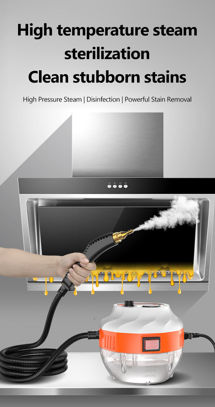 2800W high-pressure steam cleaner device with various attachments for home and auto cleaning.