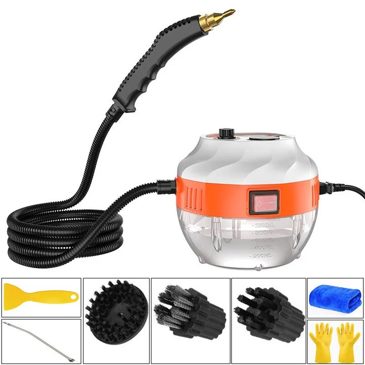 Deep clean car upholstery & home interiors with 2800W high-pressure steam cleaner, chemical-free.